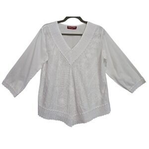 Royal Moda White Boho Embroidered Cotton Top Crochet Lace V-Neck 3/4‎ Sleeve L